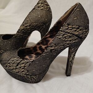 Betsey Johnson Black and Gold Heels
